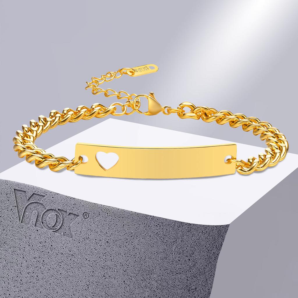 Vnox Free Custom Bracelets for Men Women, Stainless Steel Hollow Heart Bangle, Couple Promise Love Gift