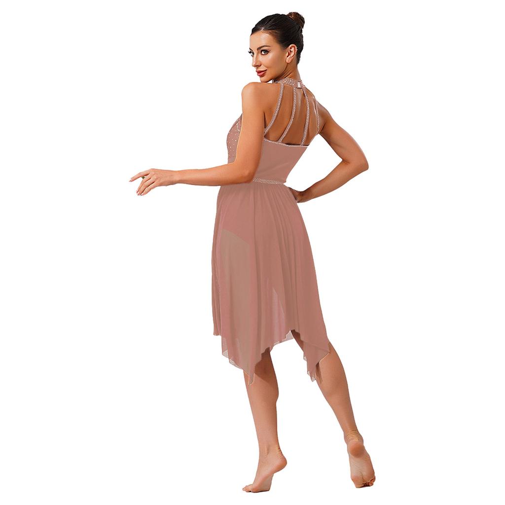 Womens Lyrical Dance Costume Sparkle Rhinestone Irregular Mesh Ruffled Skirt Built In Briefs Dress