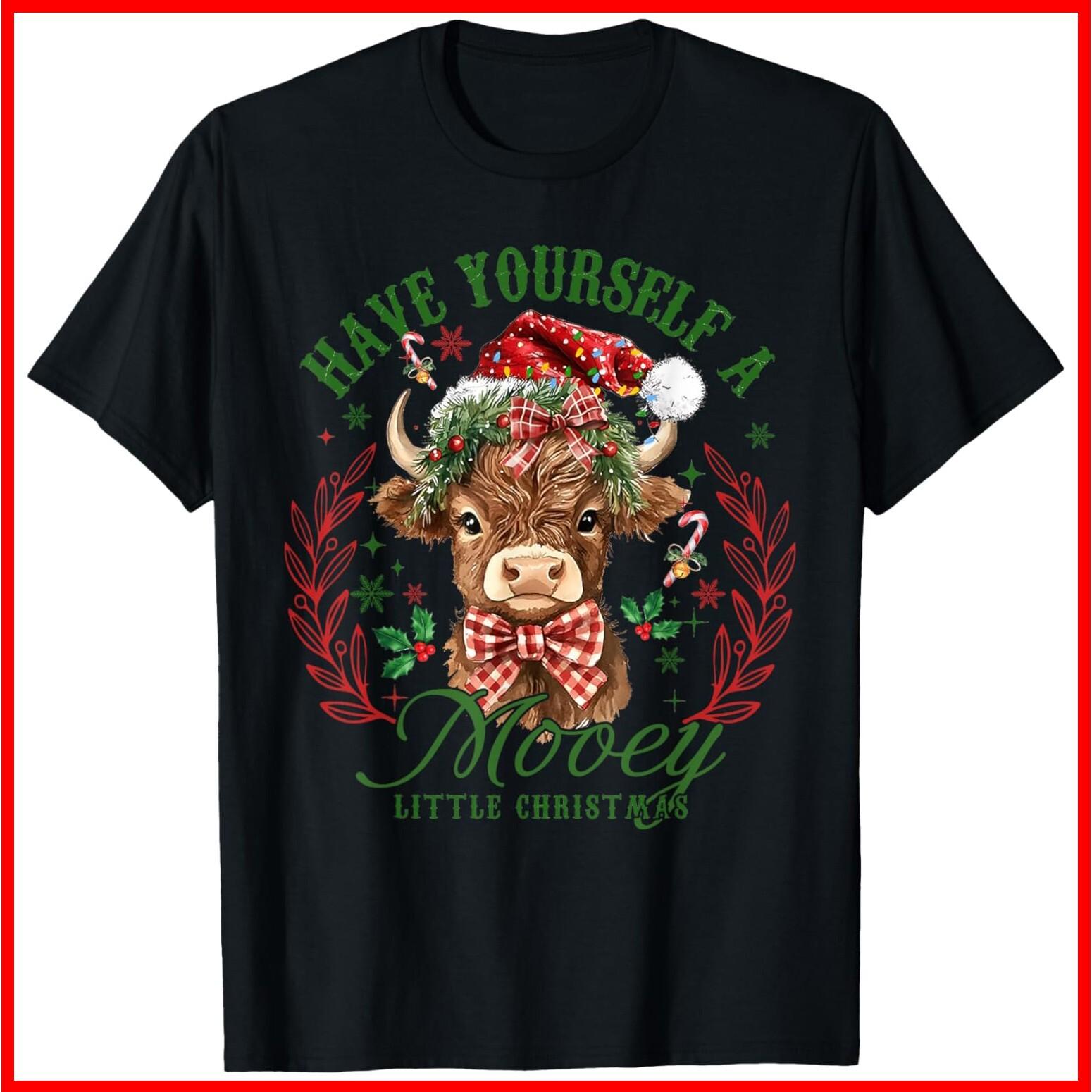 Have Yourself A Mooey Little Christmas Highland Cow Santa Black Cotton T-Shirt M