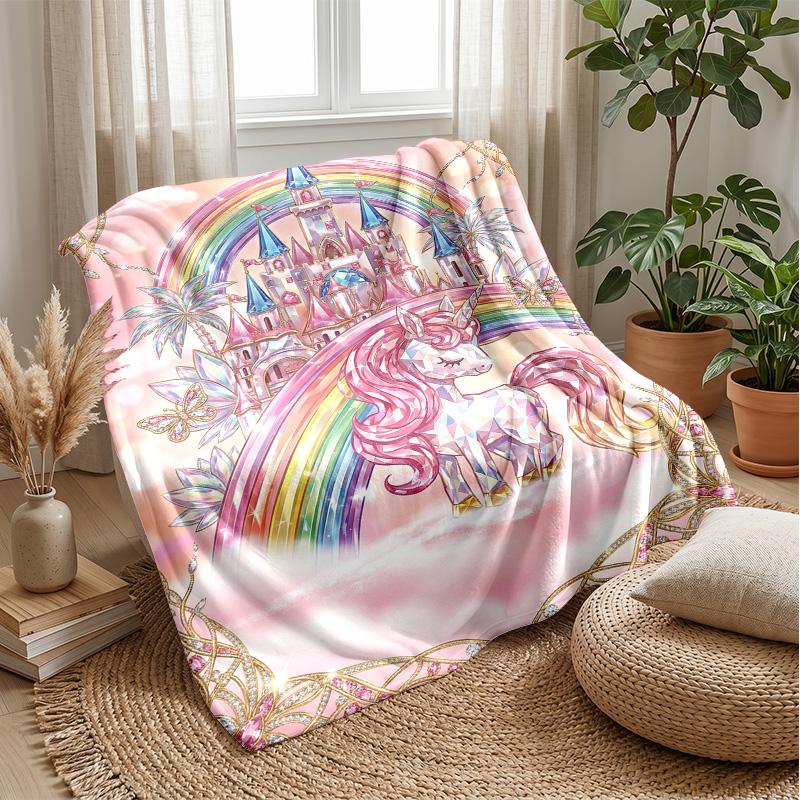 Fantasy Unicorn Castle Theme Blanket Lightweight Warm Flannel Blanket Decorative Throw Blanket for Home Decoration