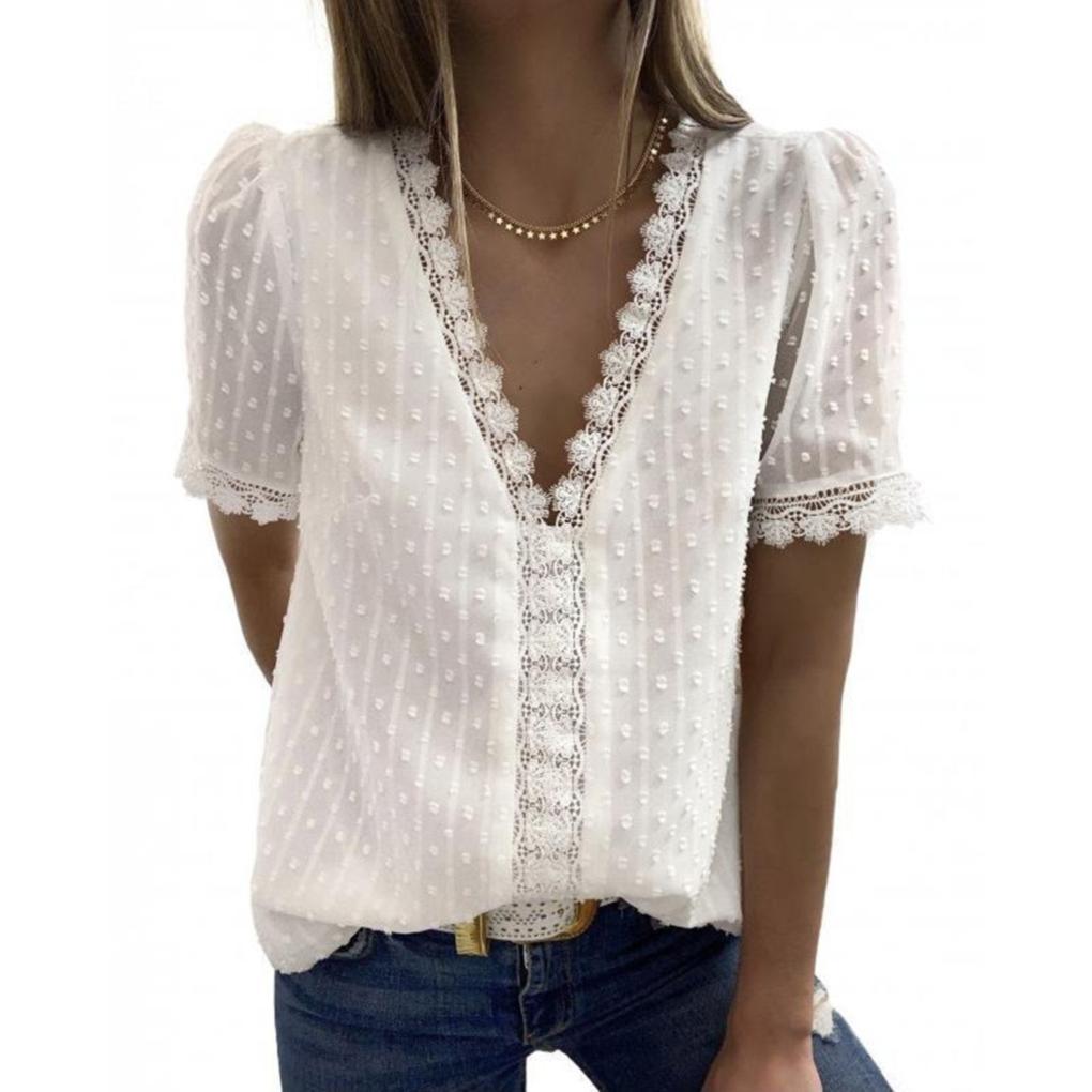 Woman T-shirt Short Sleeve V Neck Solid Color Casual Breathable Lace Loose Blouse Travelling Dating Working Shirt Clothing