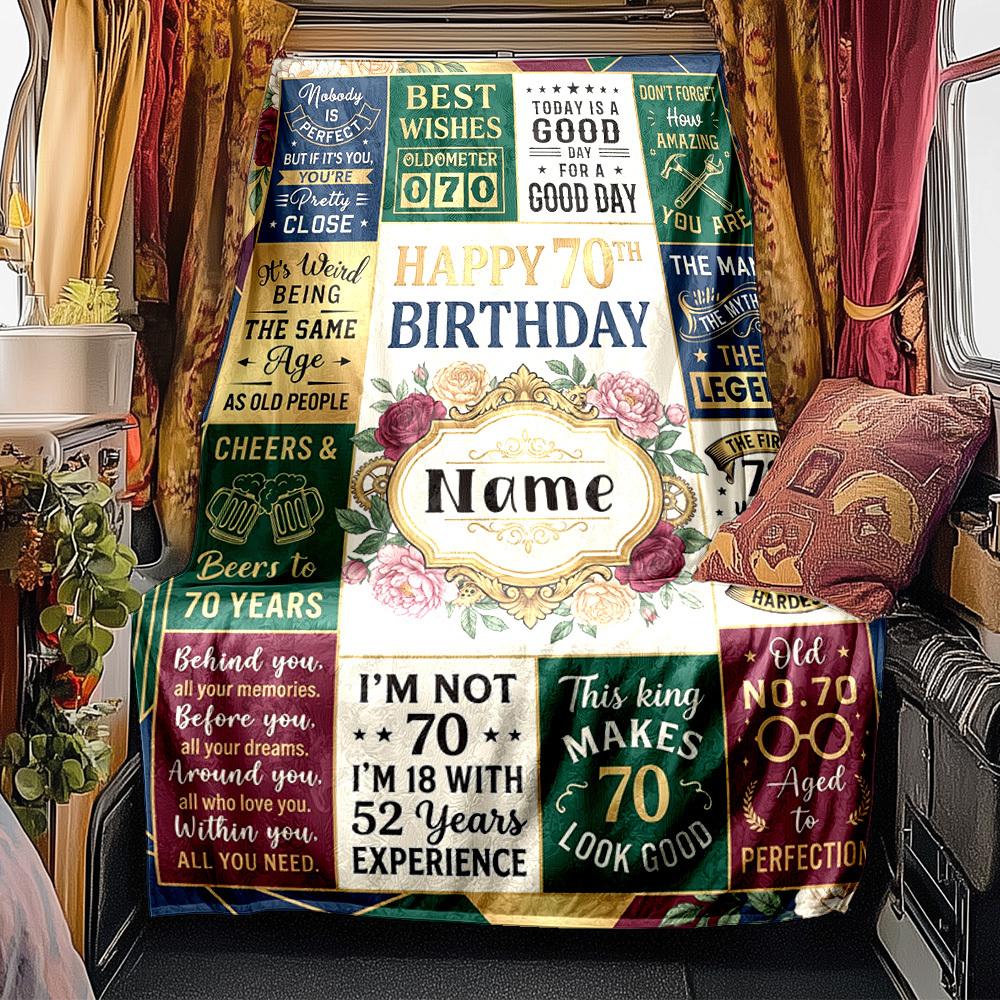 Happy 70Th Birthday Celebration Blanket Personalized Name Soft Comfortable Stylish Blanket Car Blanket Perfect For Travel Camping Outdoor Home