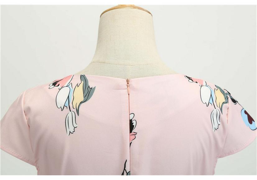 2024 Trendy Retro Round Neck Summer Dress with Short Sleeves and Flowy Print