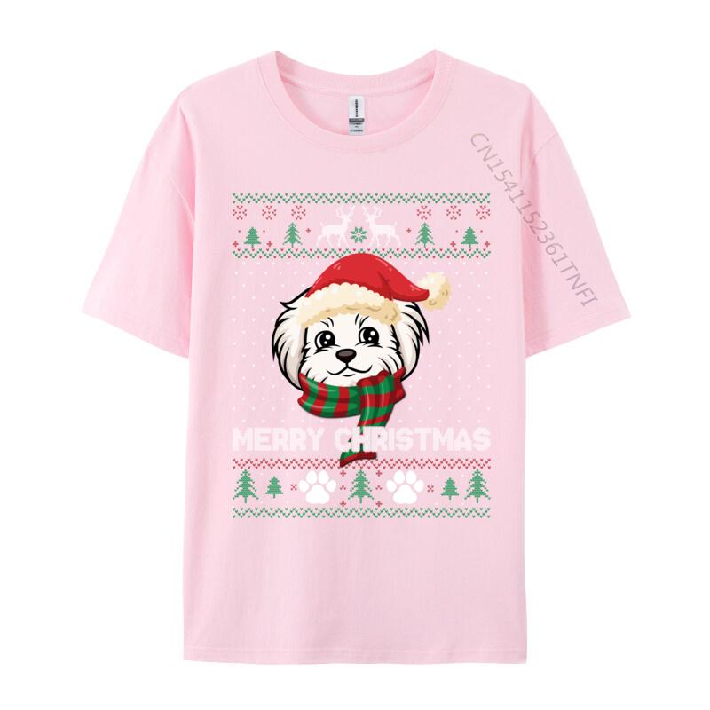 Merry Christmas Ugly Xmas Shirt Dog Santa Hat Maltese Lover TShirt Printing Short Sleeve Cotton Fabric ONeck Unisexs Tops Shirt