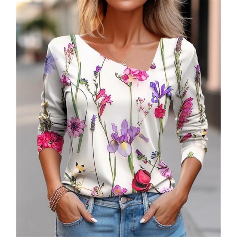 Seksowny diagonalny kołnierzyk z uniwersalnym cyfrowym nadrukiem 3D T-shirt damski na co dzień wiosna jesień długi rękaw koszulka rekreacyjna odzież