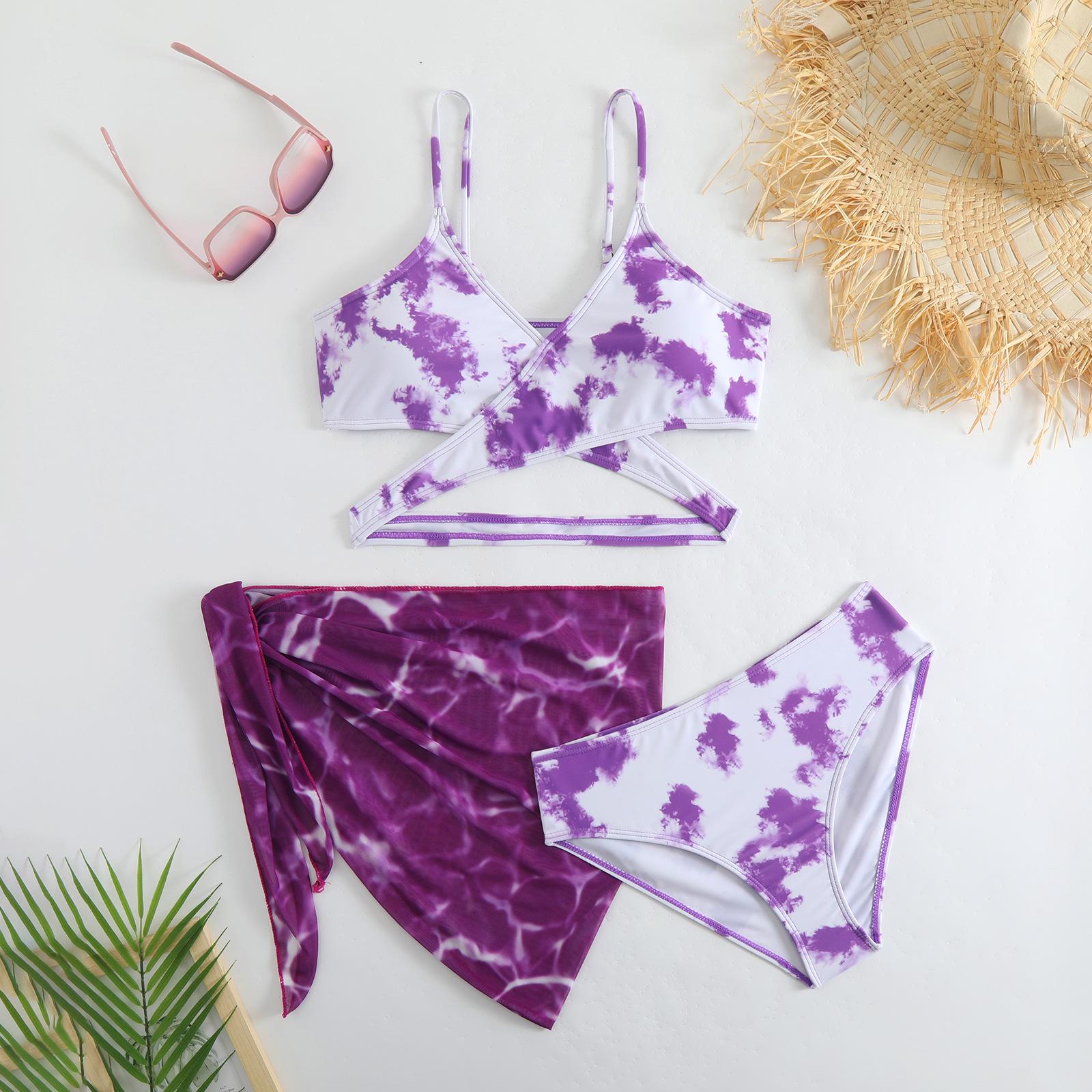 

Винтажный купальник-бикини с принтом 2024 года, перекрещенными бретелями на спине и открытой спиной: Сексуальный женский купальник-тройка Medium фиолетовый