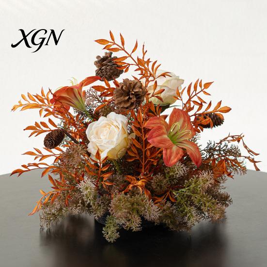Lifelike Faux Floral Centerpieces Artificial Table Flower Arrangement, Mixed Lily Rose Silk Fake Bouquet, Elegant Vintage Style Decor for Dining
