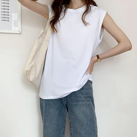 Women Summer T-shirt Sleeveless Loose Pure Color Round Neck Pullover Simple Style Commute Homewear Daily Tank Top Lady Blouse