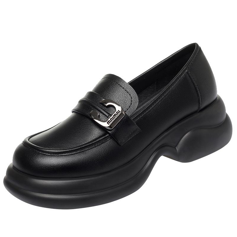 British Style Thick Bottom Chunky Platform Shoes Women Loafers Soft Leather 2026 Spring Med Block Heels Shoes For Office Mom