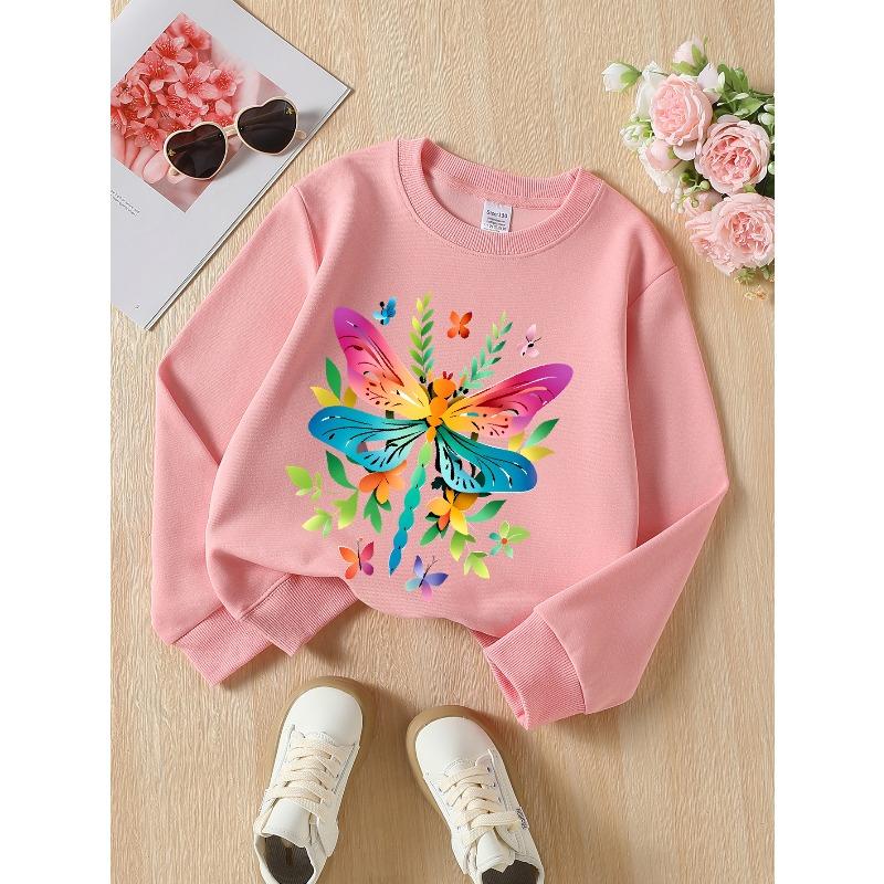 European Sizes Vibrant Dragonflies And Butterflies Crew Neck Sweatshirt for Girls, Autumn Winter Long-Sleeved Western Top.