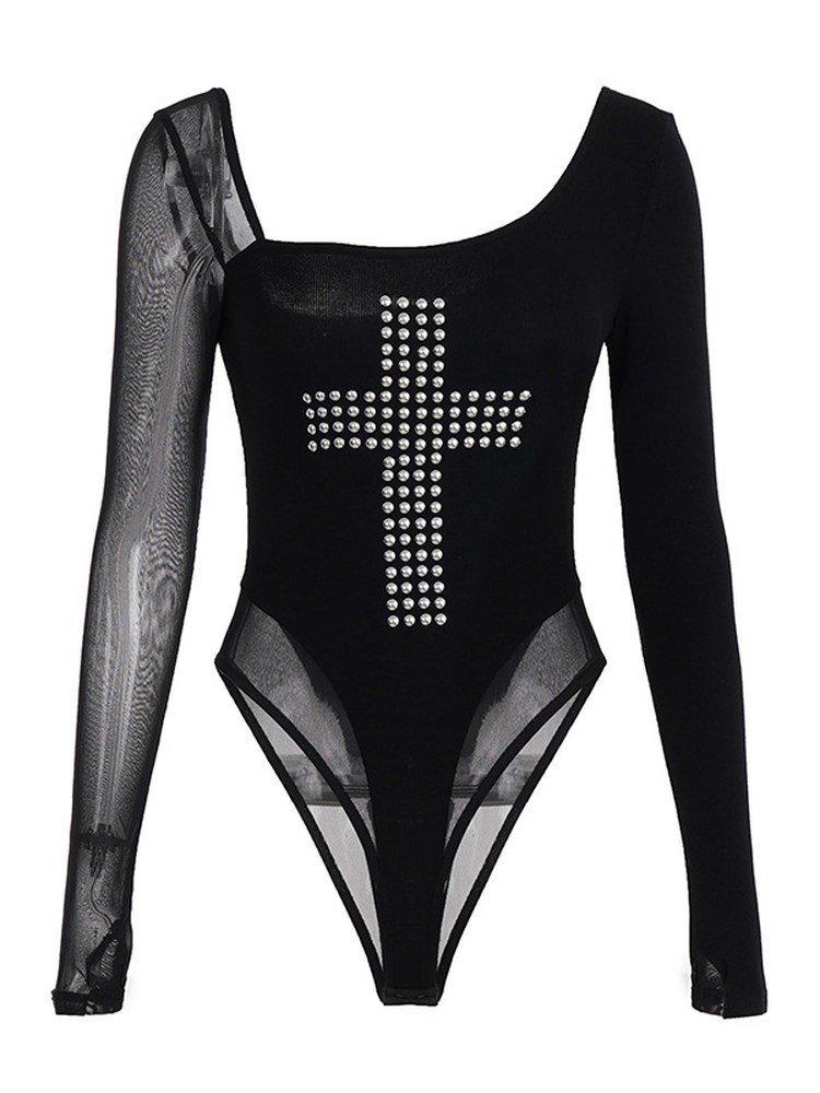 Chic Mesh Long Sleeve Bodysuit - Sexy American Style with Drilled Details for Women