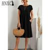 HNXC Women's Fashion Summer Spring Solid Color Print O-Neck High Waist Casual Dresses