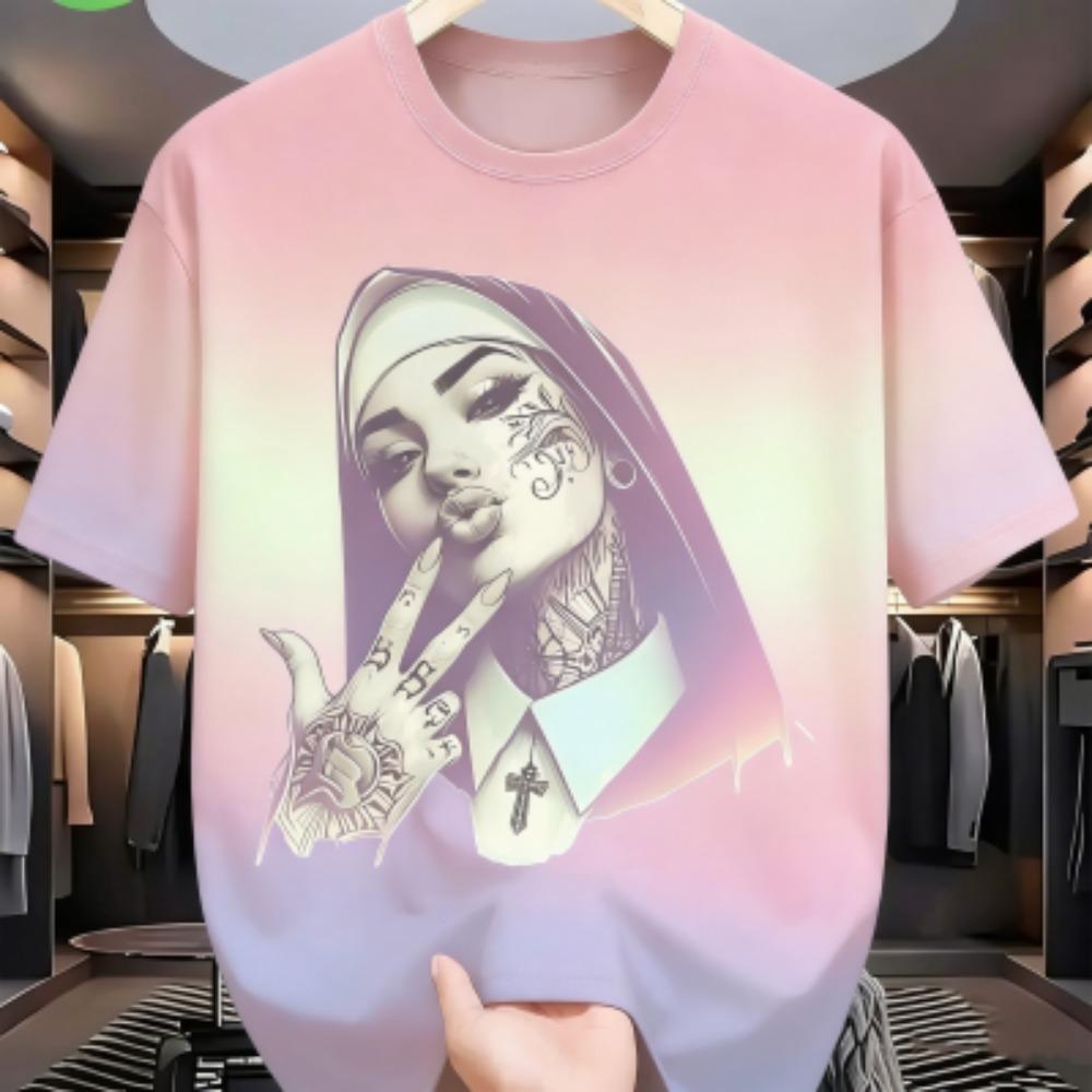 Fashion Funny Colorful Tattooed Nun Graphic Print Women s T-shirt Summer Casual Loose Short Sleeves Men s and Women s Tees Top XXS