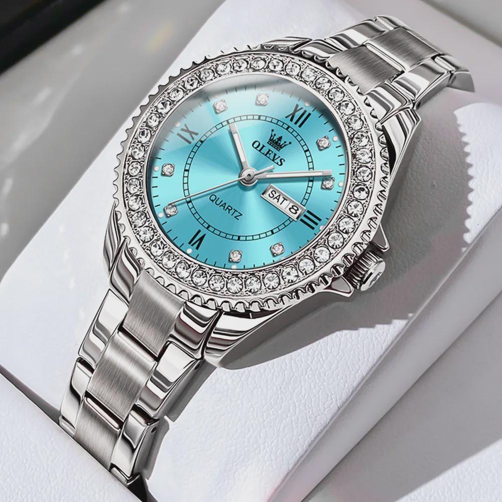 OLEVS Dámské hodinky Módní elegantní originální křemenné náramkové hodinky pro mladé dívky, ciferník s kamínky, datum, den v týdnu, vodotěsné, luminiscenční