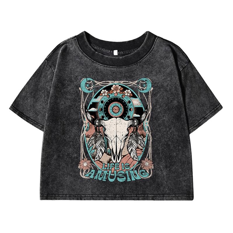Life Is Amusing Printing Female Washed Short T Shirts Breathable T-Shirt Street Summer Clothes Fashion Distress Tshirts