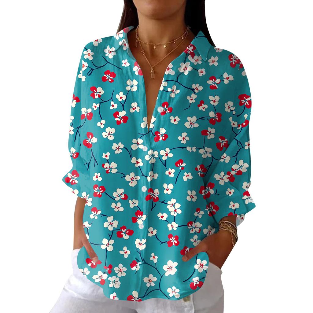 Women's Fashion Seven Sleeve Casual Lapel Back Tie Shirt Printed T-Shirt Top