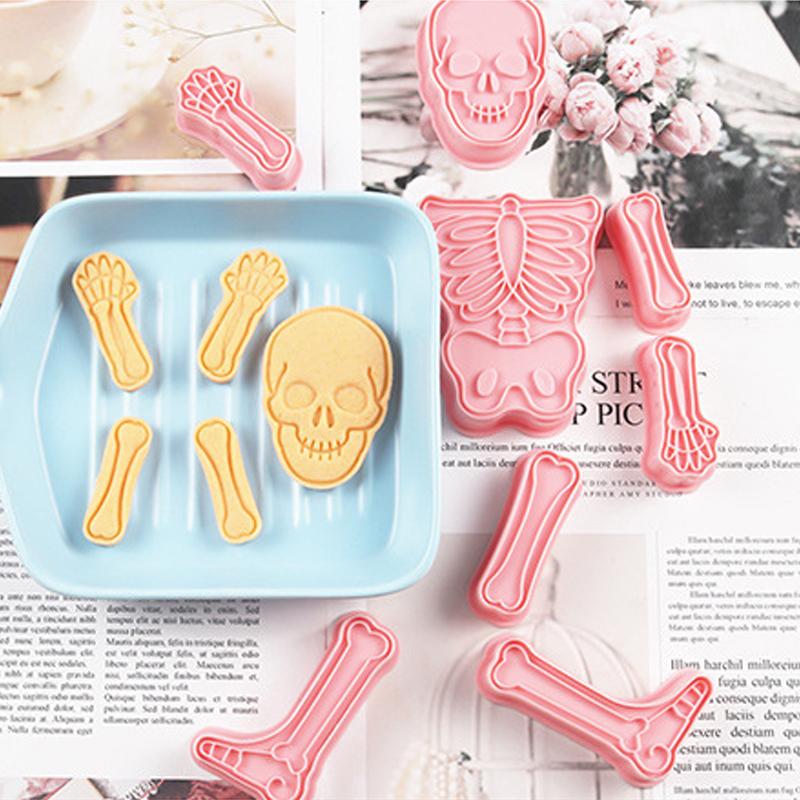 8Pcs Halloween Human Skeleton Biscuit Mold Cake Baking Flip Sugar Home 3D Cookie Party Decor Seal Compression Molding Plastic