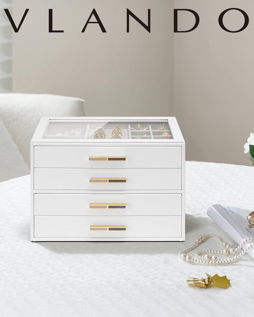 Vlando Glass Lid 4 Drawer Jewelry Box Jewelry Box for Accessories Storage Organizer Women's Necklaces, Rings, Earrings, Bracelets,