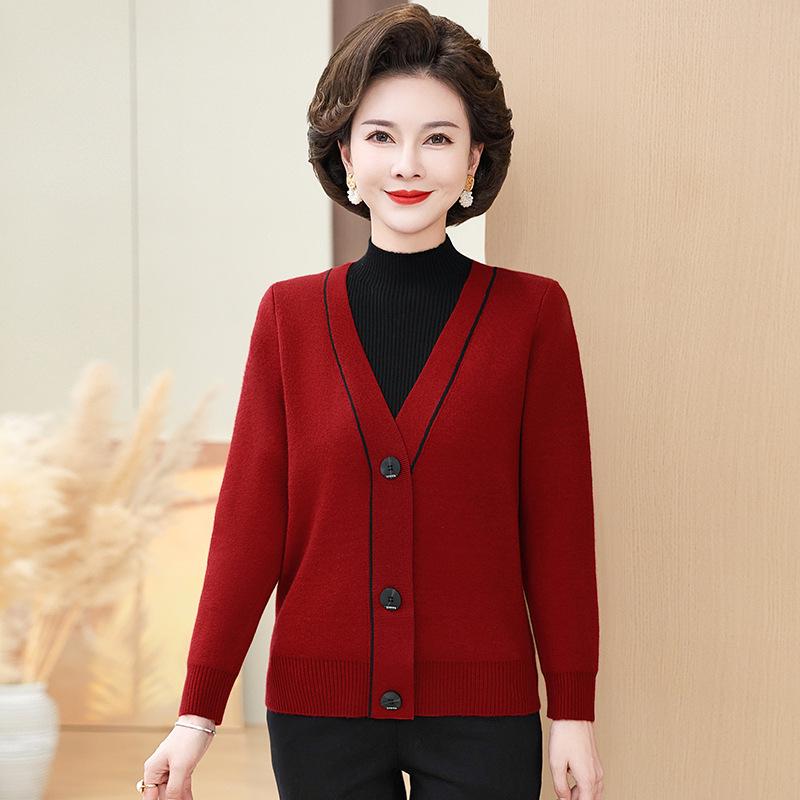 2024 New Style Fleece-Lined Knitted Sweater for Middle-Aged and Elderly Women – One-Piece Faux Two-Piece Design for Winter