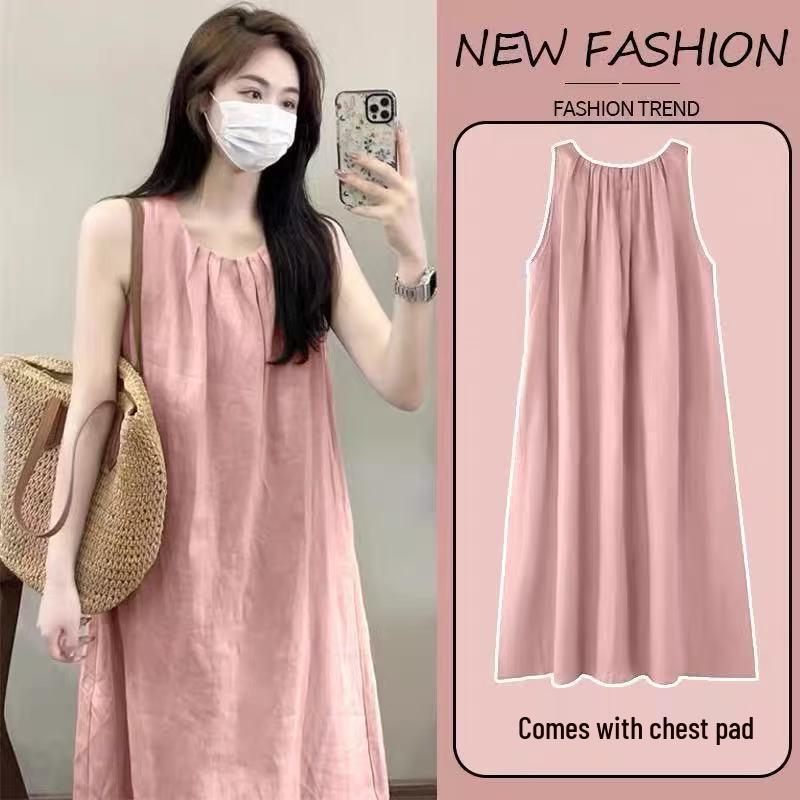 

Cloud Cotton Knee-Length Dress with Built-in Bra Pads - Solid Color, Simple Style for Home Wear L розовый