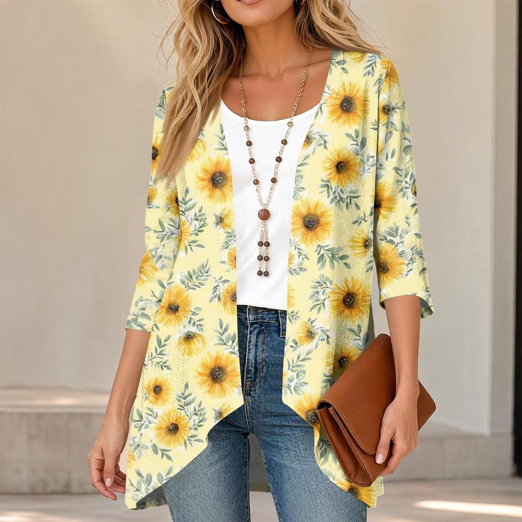Women's Vintage Floral Print Three-Quarter Sleeve Lightweight Cardigan for Casual Daily Wear