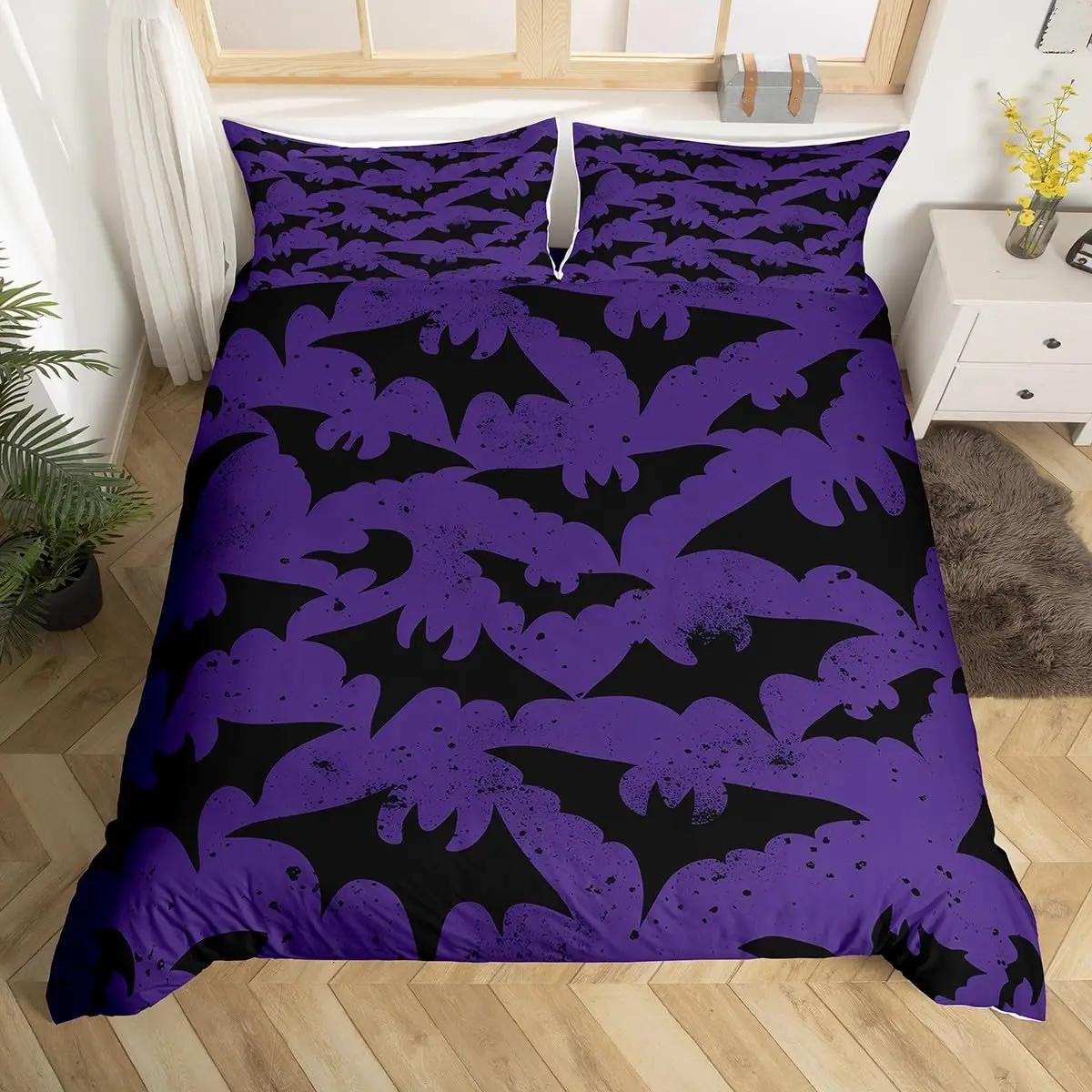 

Spooky Dark Bats Duvet Cover Halloween Decoration Glitter Stars Moon Galaxy Bedding Set Cartoon Bat Gothic Comforter Cover Queen EU Single(135x200cm)