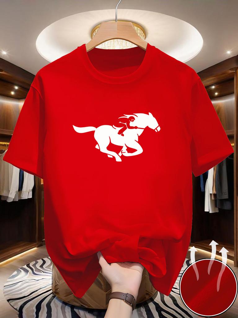 Round Neck Super Elastic Casual Cavalry print Short-Sleeved Men Daily Party Home Social T-Shirt Solid Color Vintage Streetwear