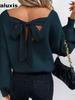 Fall Winter V-Neck Solid Color Women's Top, Imported New Long Sleeve Casual Loose Bow Tie Knit Sweater for Women