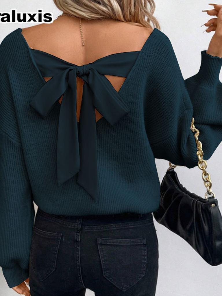 Fall Winter V-Neck Solid Color Women's Top, Imported New Long Sleeve Casual Loose Bow Tie Knit Sweater for Women
