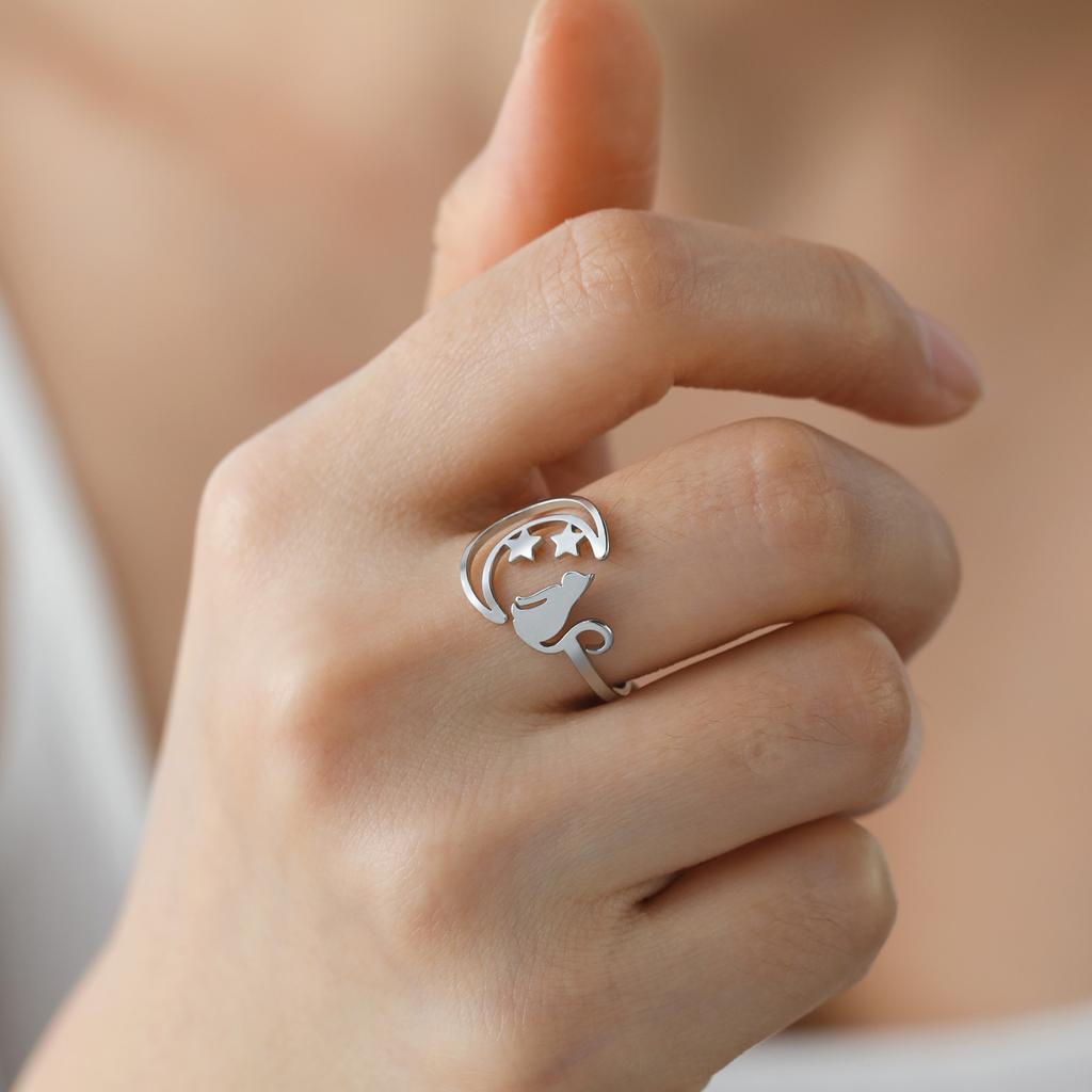 Ladies Adjustable Moon Star Cute Cat Shape Open Rings Jewelry