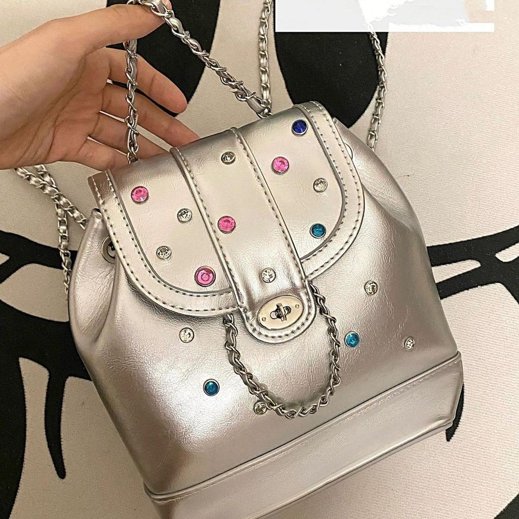 Korean niche design silver chain backpack women's high-end retro portable bucket bag