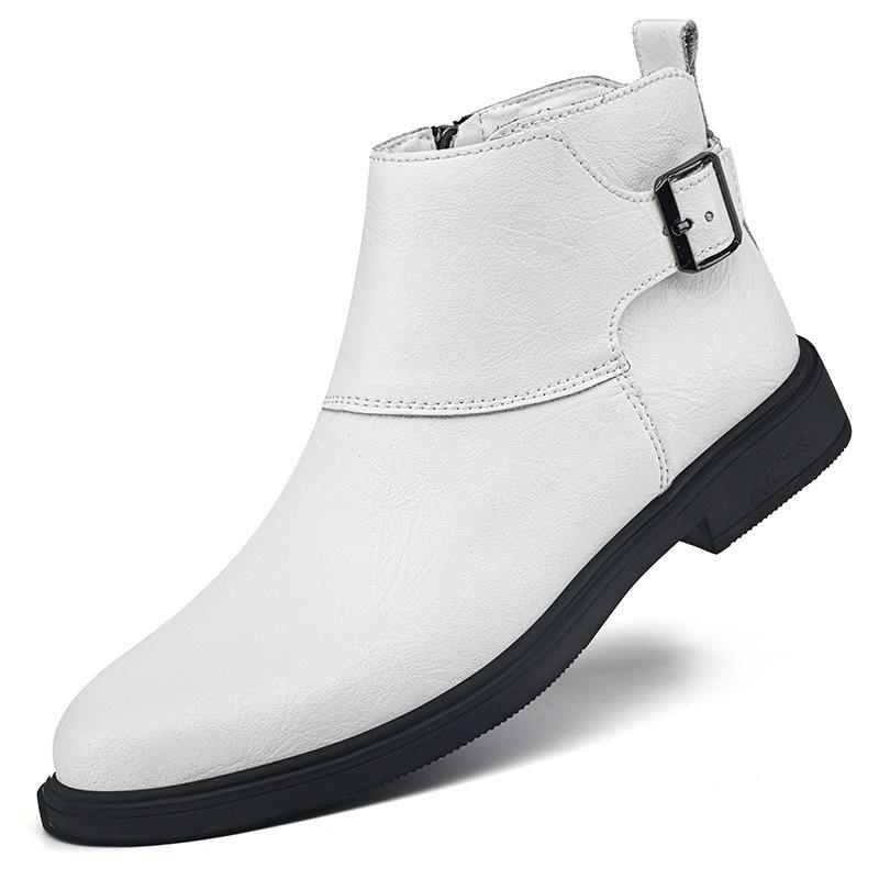 Men Fleece Lined Warm Ankle Leather Boots Round Toe Side Zipper Buckle Strap Short Booties Business Casual Shoes For Cold Winter