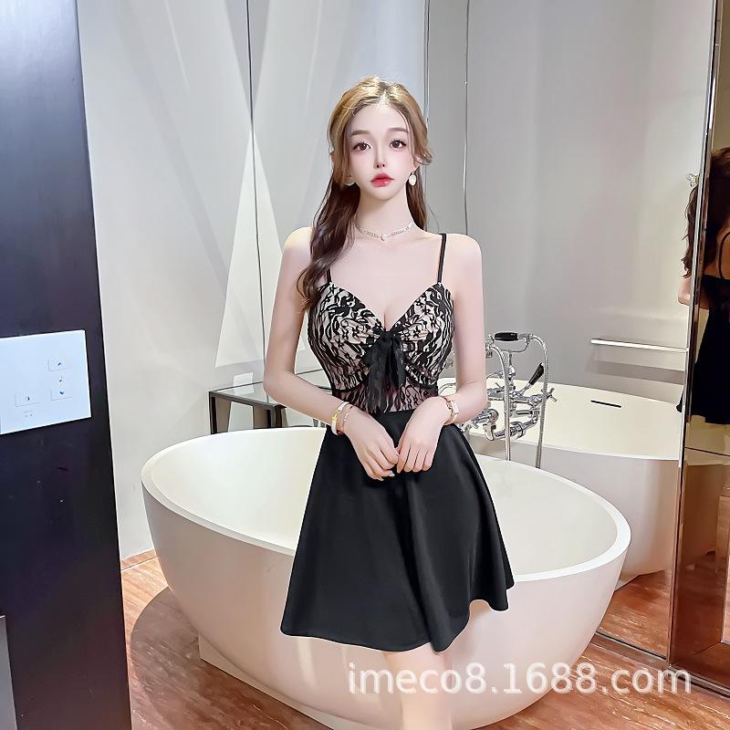 Night Club Women's Clothing Work Clothes Temperament Sexy Work Clothes Low-cut Lace Color Matching Pendulum Suspender Dress