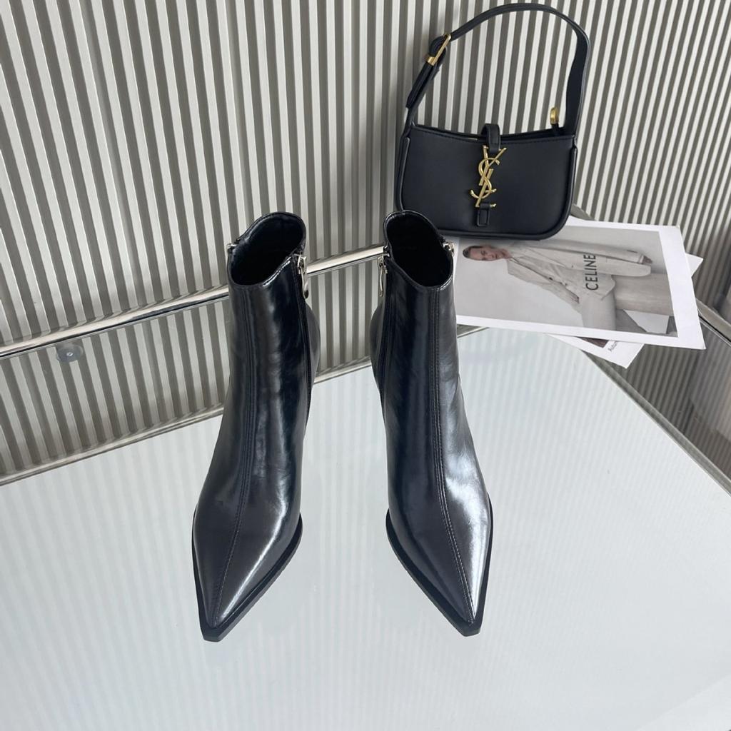 2025 new pointed thin high heel side zipper plain low tube received Martin thin women's short boots