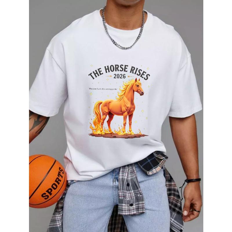 Bavlněné tričko bílé Kůň povstává 2026 Grafický potisk Ohnivý kůň Ležérní Streetwear Móda Unisex Top pro muže a ženy