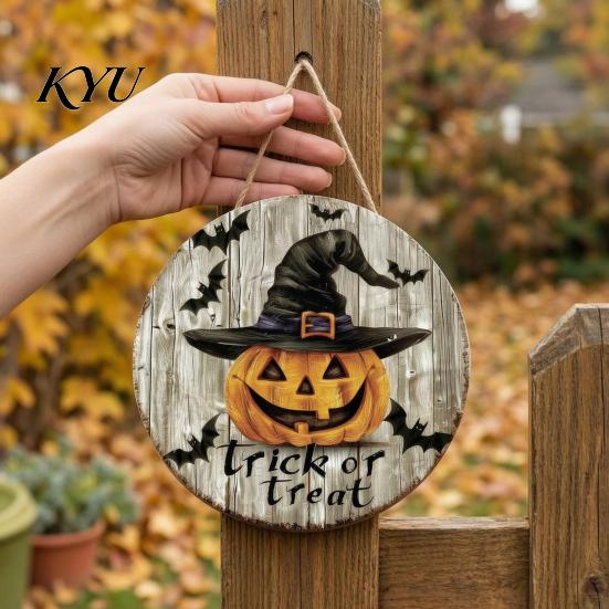 Vintage Witch And Bat Plaque Halloween Wooden Sign, Round Hanging Pendant with Lanyard, Retro Distressed Rustic Wall Decor Wood Skeleton/Pumpkin/Clown