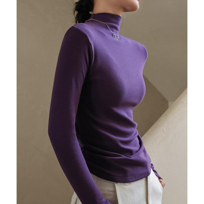 Autumn Winter Half High Collar Solid Color Bottomed Tee Women Long Sleeve All-match Bottomed Pullover Top Tee