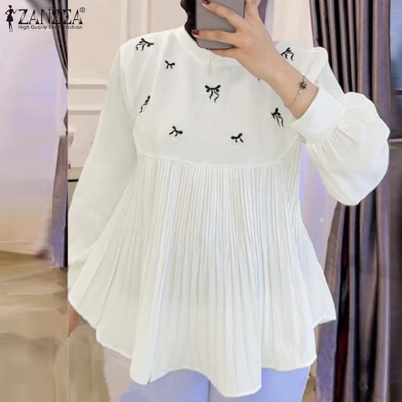 ZANZEA Women Casual Round Neck Long Sleeve Loose Print Blouse