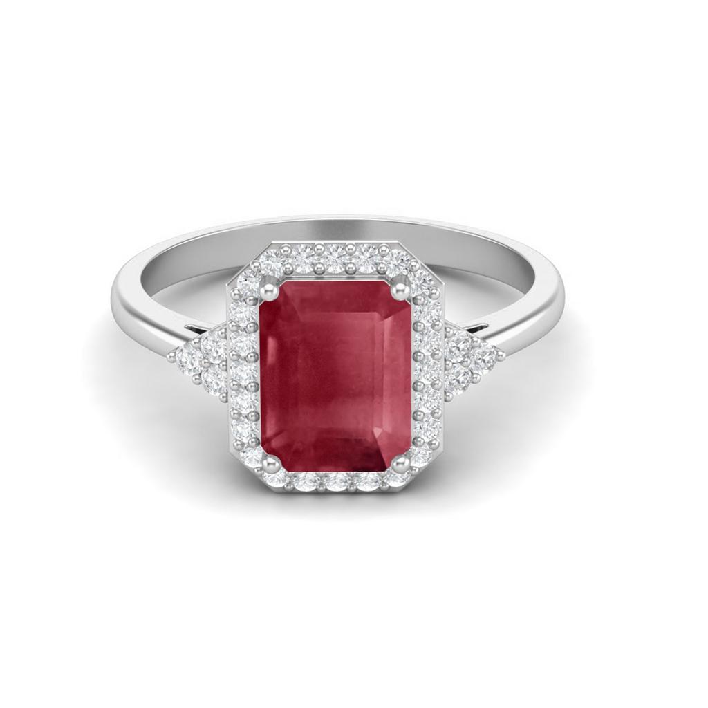 7X5MM Octagon Shape Ruby 925 Sterling Silver Solitaire Trio Accents Wedding Rings For Womens