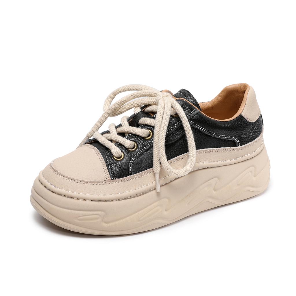 Johnature Pantofi de damă din piele naturală cu talpă groasă pentru creșterea în înălțime, pantofi albi casual confortabili cu talpă plată