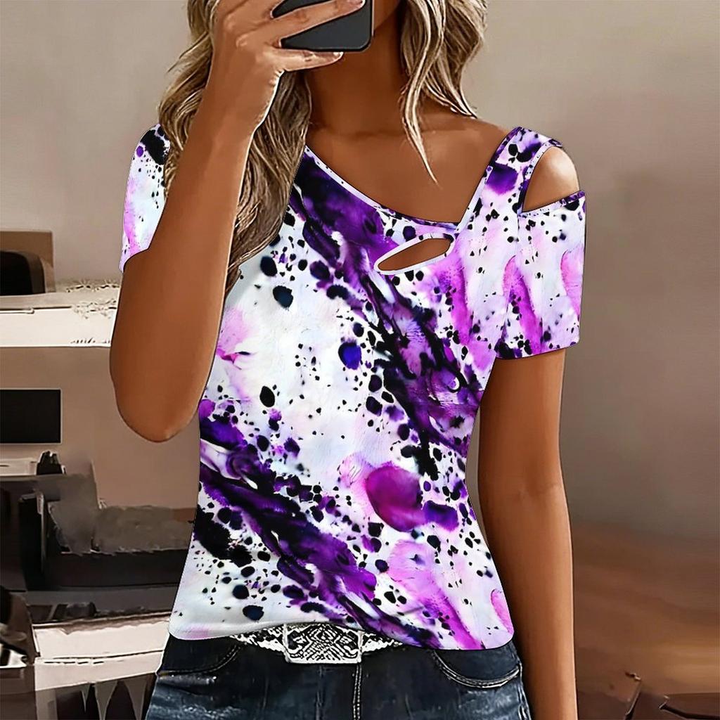 Women Leopard Print Stitching Print Cold Shoulder Short Sleeve T Shirt Irregular Cutout Neck Casual Summer Blouse Top