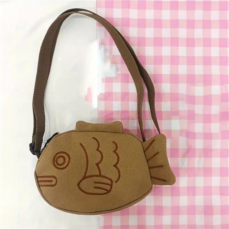 Yogodlns Fish Shape Canvas Messenger Bag Fashion Cute Embroidery Portable Zippered Small Purses Handbags Mini Crossbody Bag