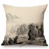 Traditional Chinese Ink Oil Painting Mountain Scenery Cotton Linen Sofa Throw Pillow Case Home Decoration Car Cushion Cover Case