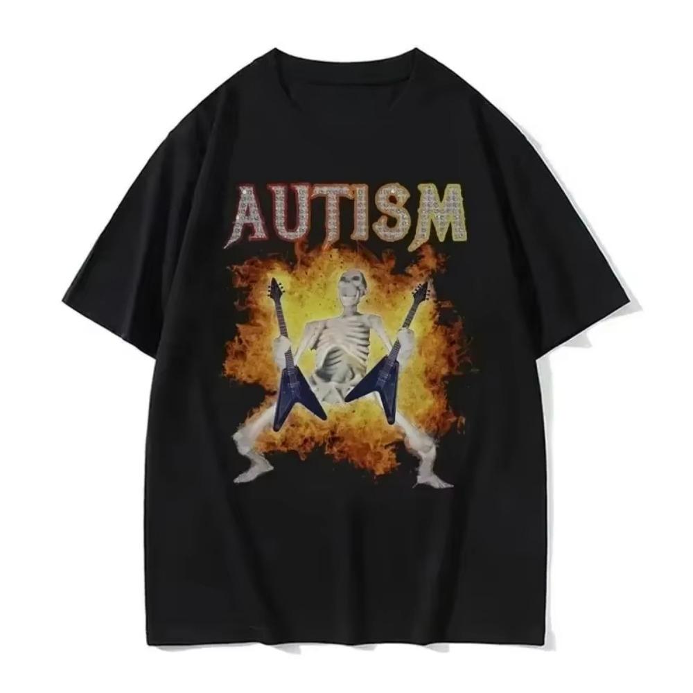 Autism Funny Skull T-shirt for Women, Autism Edge Skull Fans, Casual Round Neck Short Sleeve Large Casual Top