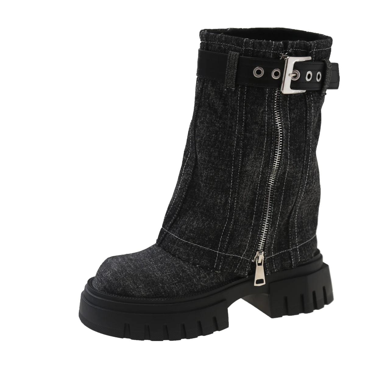 

Мода 2024 года, новые туфли для женщин, женские ботинки с пряжкой на ремне, модные современные ботинки с боковой молнией, женские высококачественные ботинки до середины икры с круглым носком 39 серый