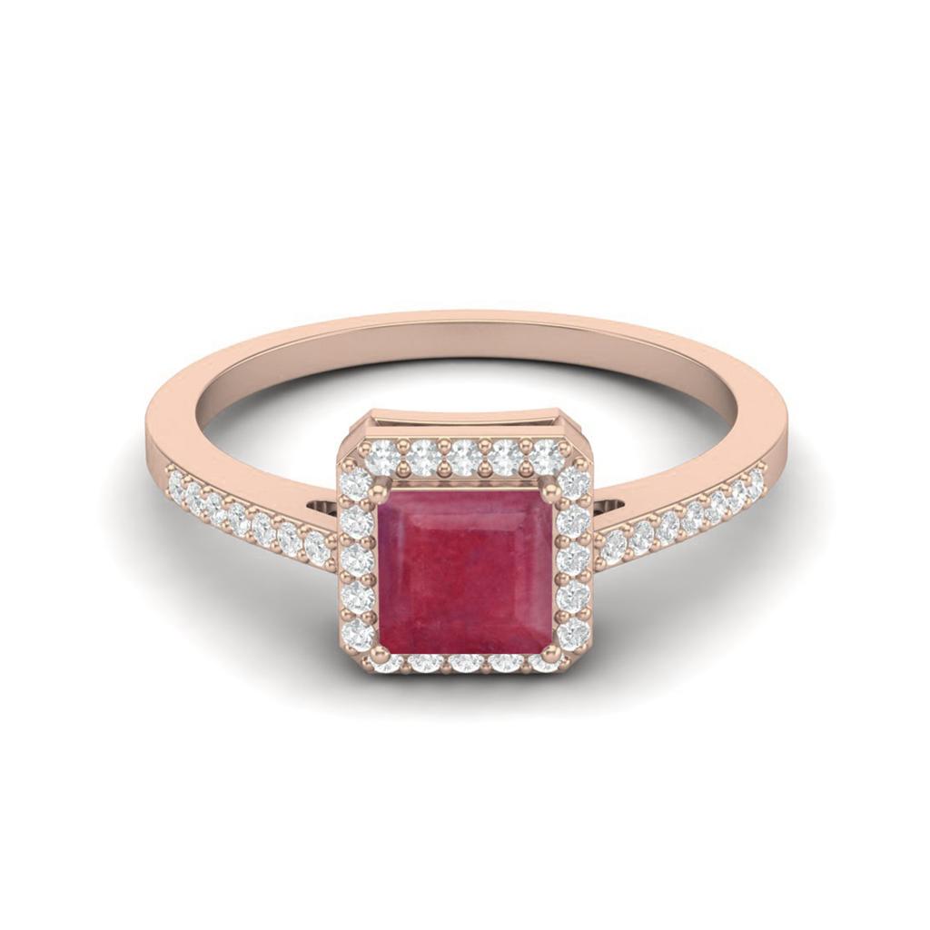 6MM Square Shape Ruby Halo Accent 925 Sterling Silver Rose Vermeil Wedding Engagement Ring