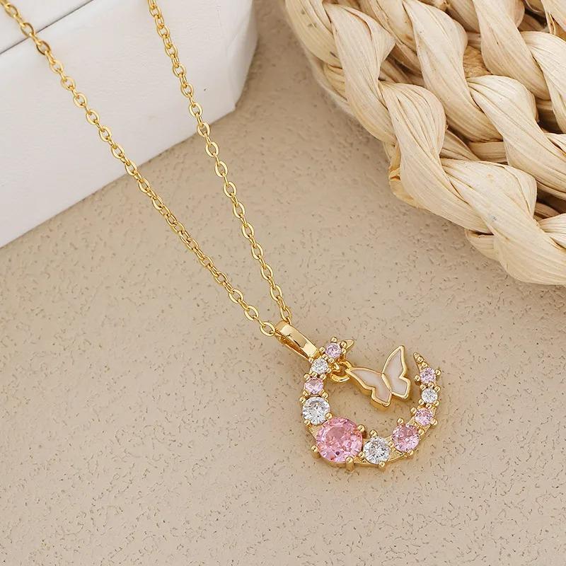New Korean Fashion Butterfly Moon Necklace Women's Stainless Steel Cute Collar Chain High End Elegant Jewelry Girls Gift