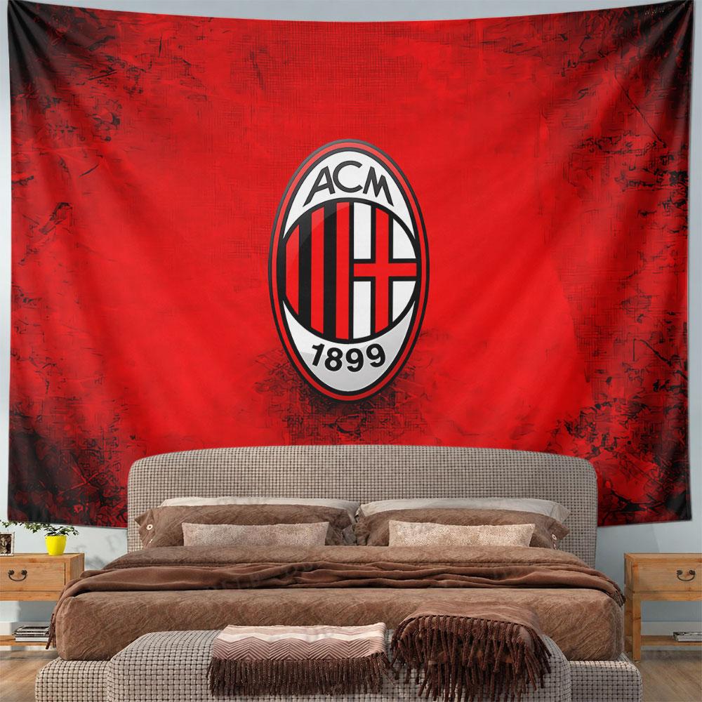 Bright red textured background with an oval logo featuring black and red. Patterned tapestry for bedroom and living room home decor