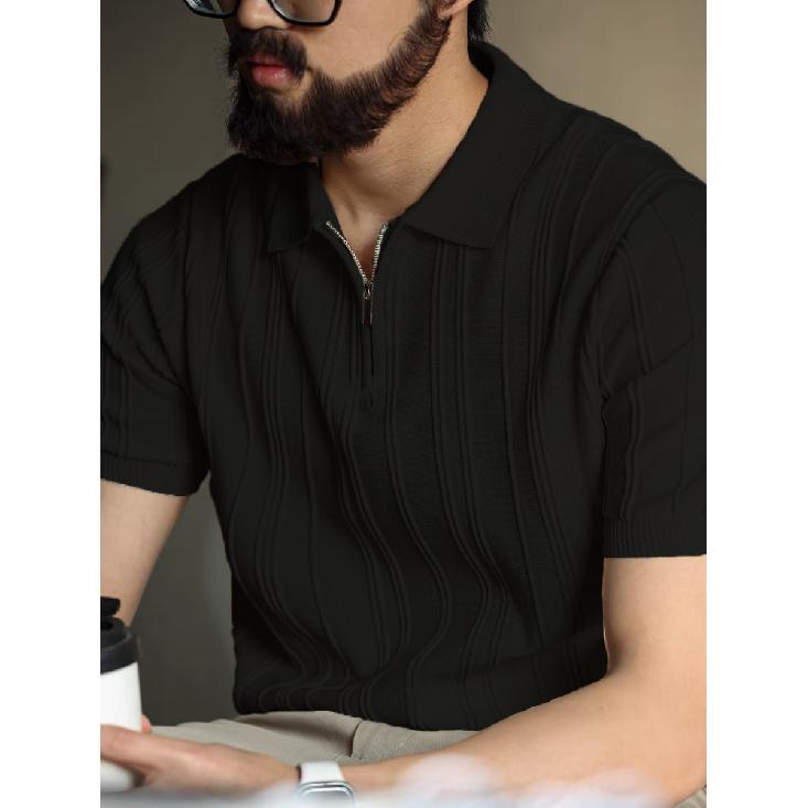 

Мужская футболка-поло с коротким рукавом, летняя, тонкая, с ощущением высокого класса, в рубчик, из ледяного шелка, на половинной молнии, с отложным воротником, приталенная, вязаная 3XL чёрный