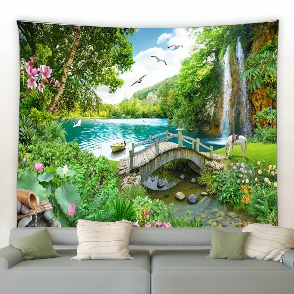 Jungle Waterfall Tapiserie peisaj natural Tapiserie pentru dormitor Sufragerie Tapiserie pentru decorarea peretelui casei